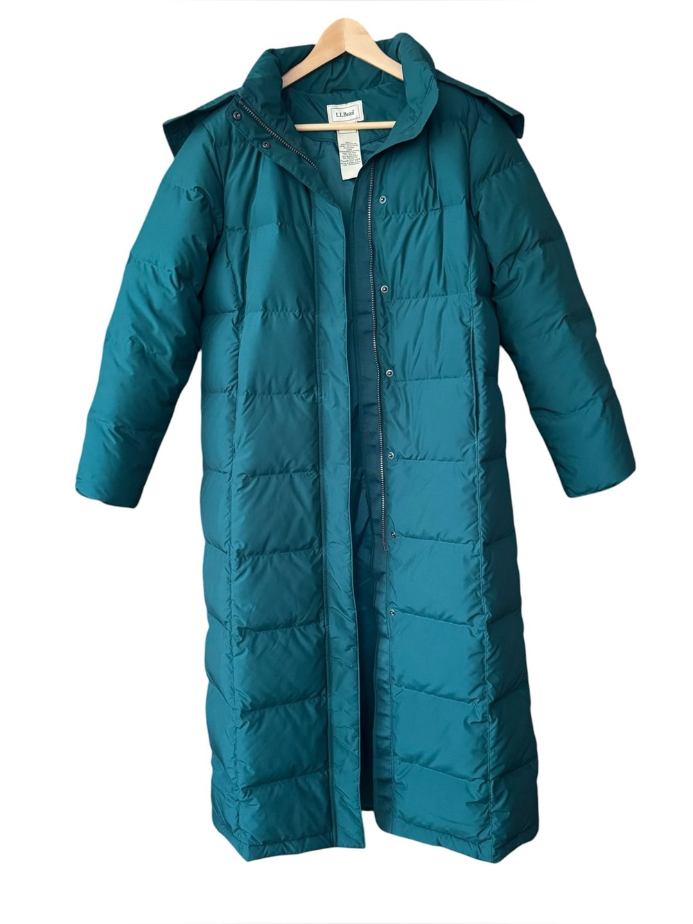 LL Bean Long Down Puffer Parka Coat Faux Fur Trim Hood Teal Green Petites M PM